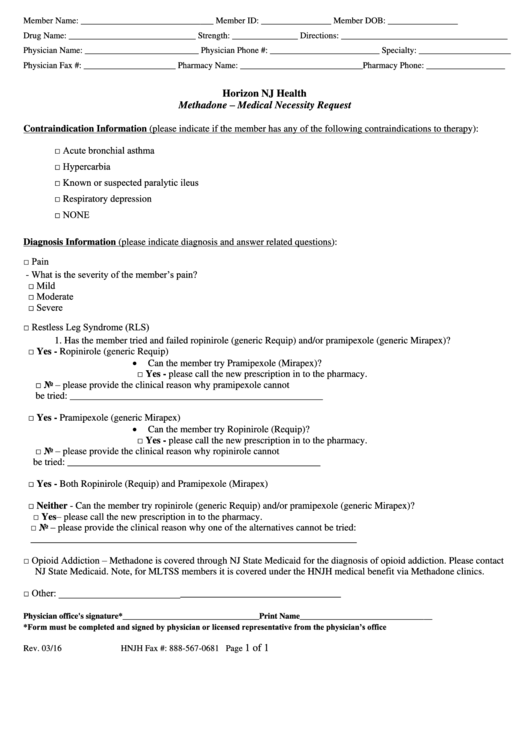 Methadone - Medical Necessity Request Form Printable pdf