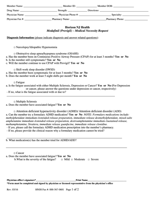 Modafinil (Provigil) - Medical Necessity Request Form Printable pdf