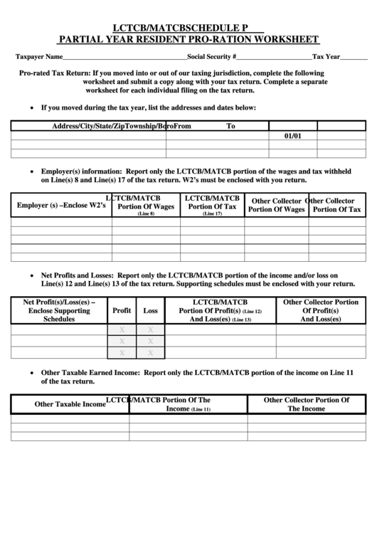 Partial Year Resident Pro-Ration Worksheet - Lctcb/matcb Schedule P Printable pdf