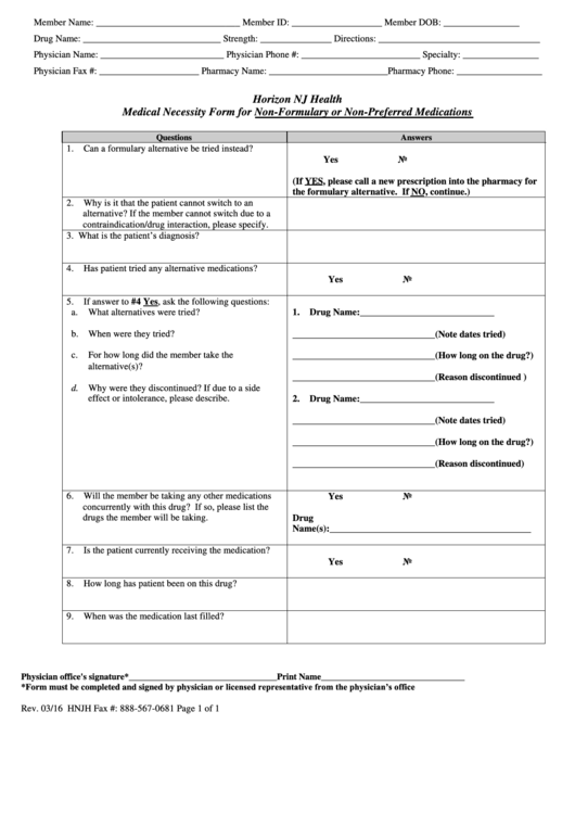 Medical Necessity Form For Non Formulary Or Non Preferred Medications 