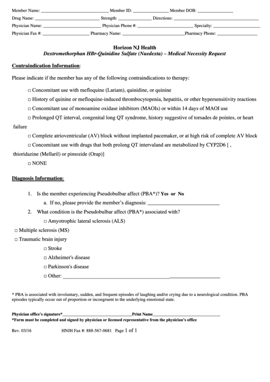 Dextromethorphan Hbr-Quinidine Sulfate (Nuedexta) - Medical Necessity Request Form Printable pdf