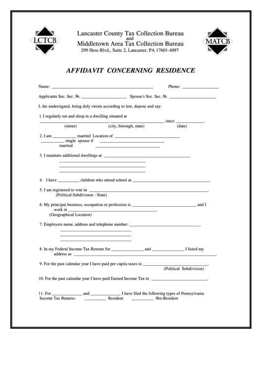 Affidavit Concerning Residence Form - Lctcb And Matcb Printable pdf