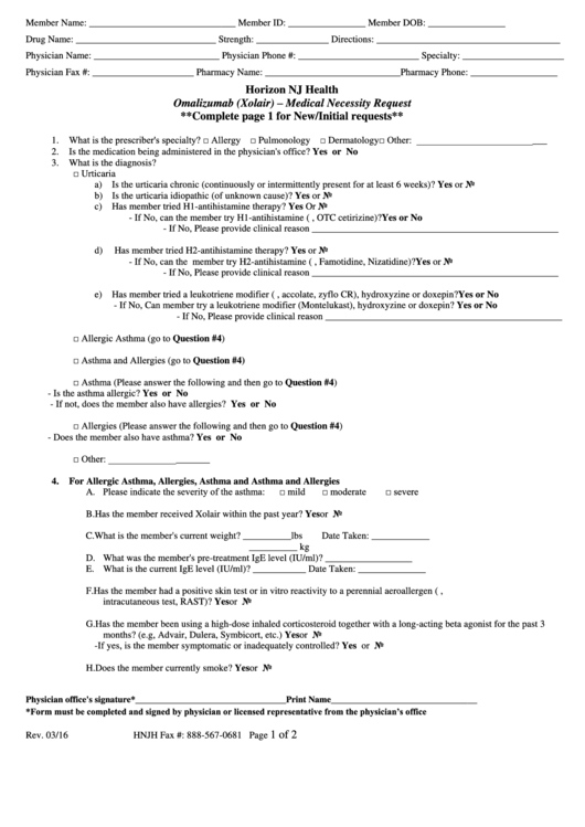 Omalizumab (Xolair) - Medical Necessity Request Form Printable pdf