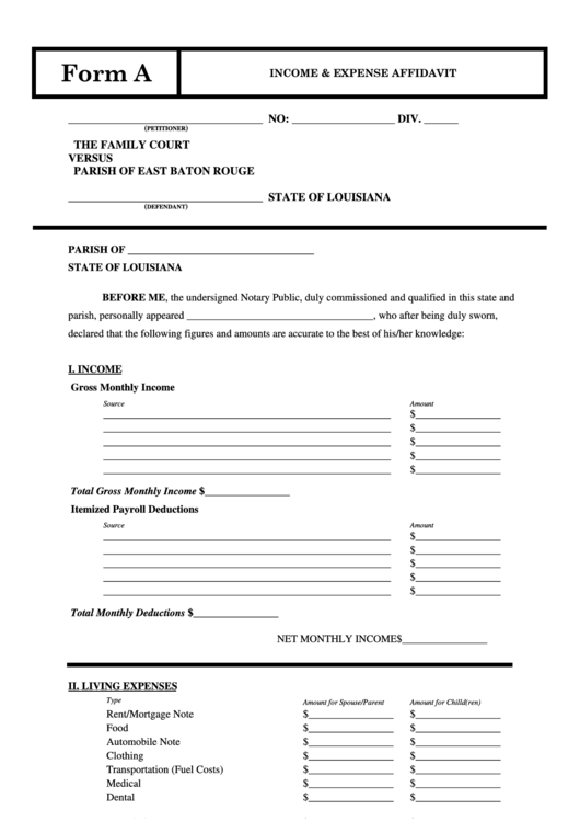 Form A - Income & Expense Affidavit Printable pdf