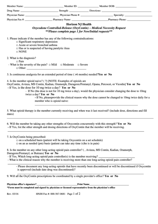Oxycodone Controlled-Release (Oxycontin) - Medical Necessity Request Form Printable pdf
