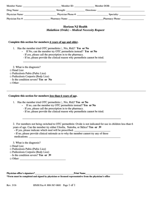 Malathion (Ovide) - Medical Necessity Request Form Printable pdf