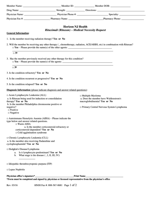 Rituximab (Rituxan) - Medical Necessity Request Form Printable pdf