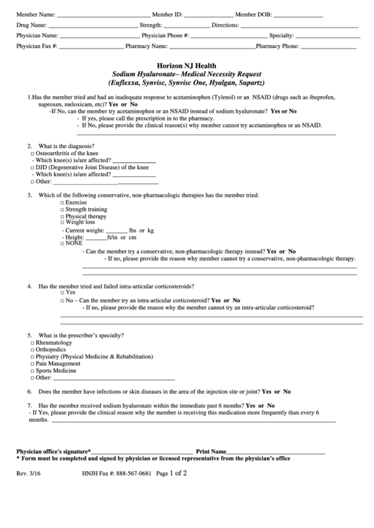Sodium Hyaluronate- Medical Necessity Request Form Printable pdf