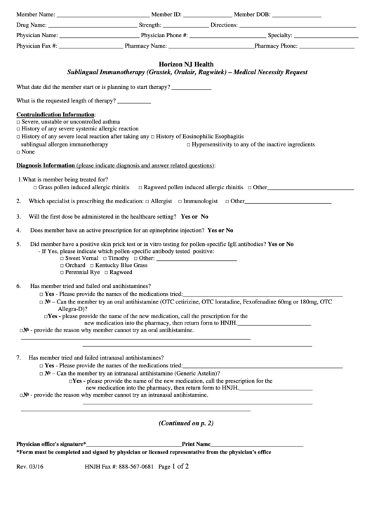 Sublingual Immunotherapy (Grastek, Oralair, Ragwitek) - Medical Necessity Request Form Printable pdf