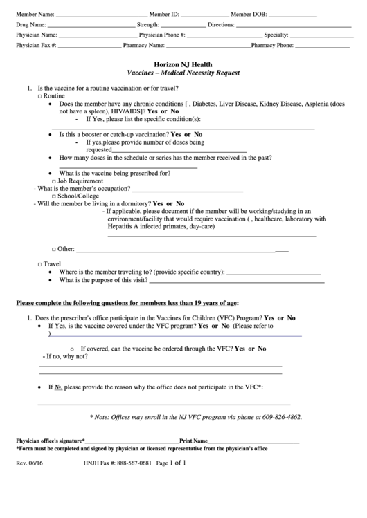 Vaccines - Medical Necessity Request Form Printable pdf