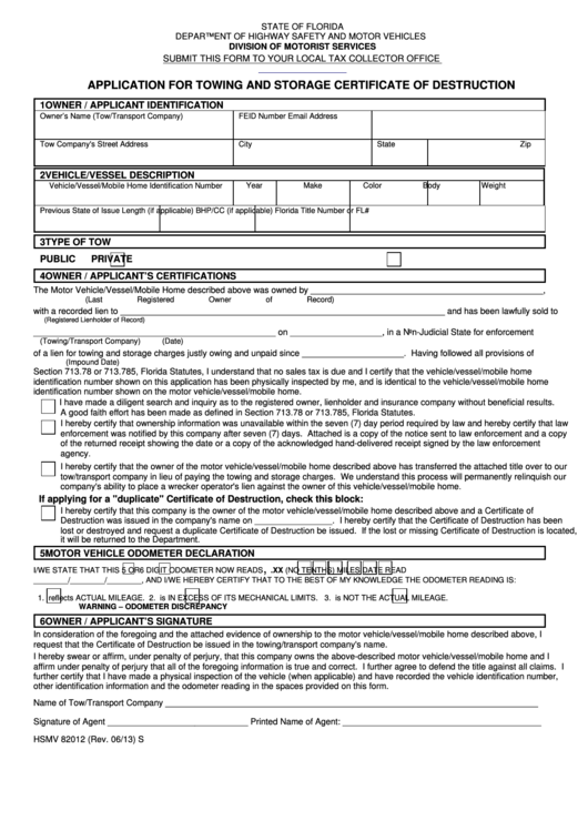 Fillable Form Hsmv 82012 - Application For Towing And Storage Certificate Of Destruction Printable pdf