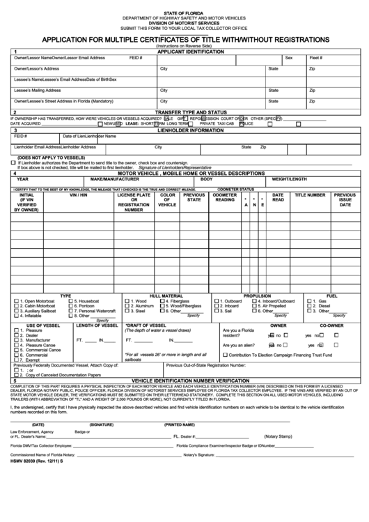 Fillable Form Hsmv 82039 - Application For Multiple Certificates Of Title With/without Registrations Printable pdf