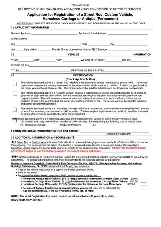 Fillable Form Hsmv 83045 - Application For Registration Of A Street Rod, Custom Vehicle, Horseless Carriage Or Antique (Permanent) Printable pdf