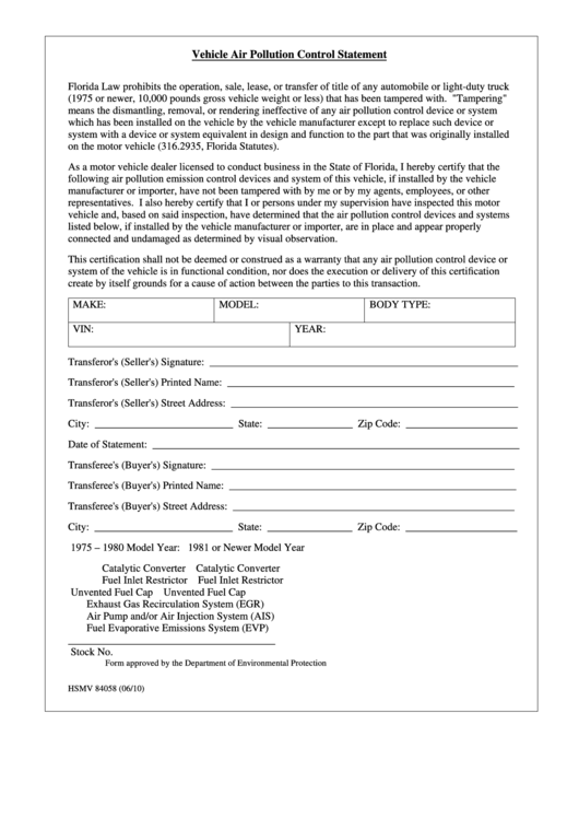 Fillable Form Hsmv 84058 - Vehicle Air Pollution Control Statement Printable pdf