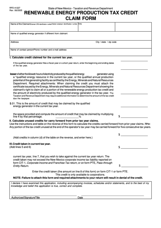 Form Rpd-41227 - Renewable Energy Production Tax Credit Claim Form Printable pdf