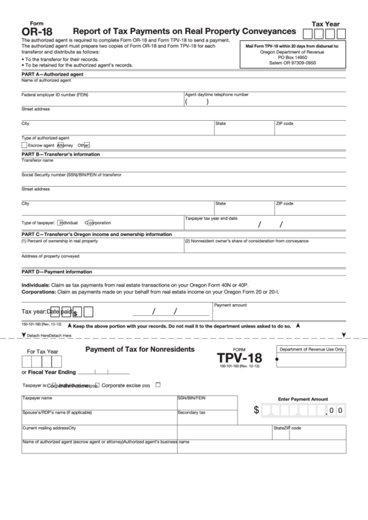 Fillable Form Or-18 - Report Of Tax Payments On Real Property Conveyances Printable pdf