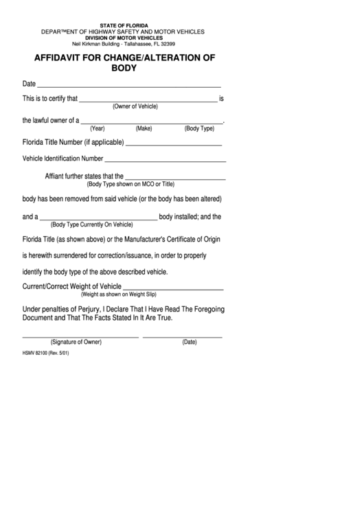 Fillable Form Hsmv 82100 - Affidavit For Change/alteration Of Body Printable pdf