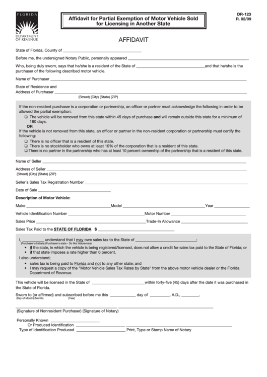Fillable Form Dr-123 - Affidavit For Partial Exemption Of Motor Vehicle Sold For Licensing In Another State Printable pdf