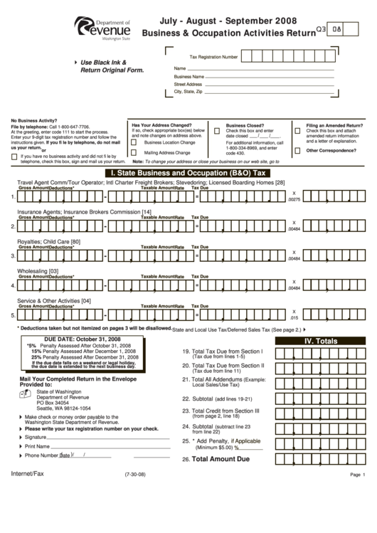 Form Q3-08 - Business And Occupation Activities Return - 2008 Printable pdf