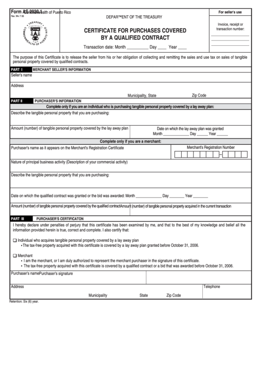 Form As 2920.1 - Certificate For Purchases Covered By A Qualified Contract - Department Of The Treasury Of Commonwealth Of Puerto Rico Printable pdf