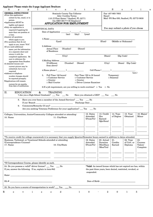 Fillable Application For Employment Form - Seminole County Tax Collector Printable pdf