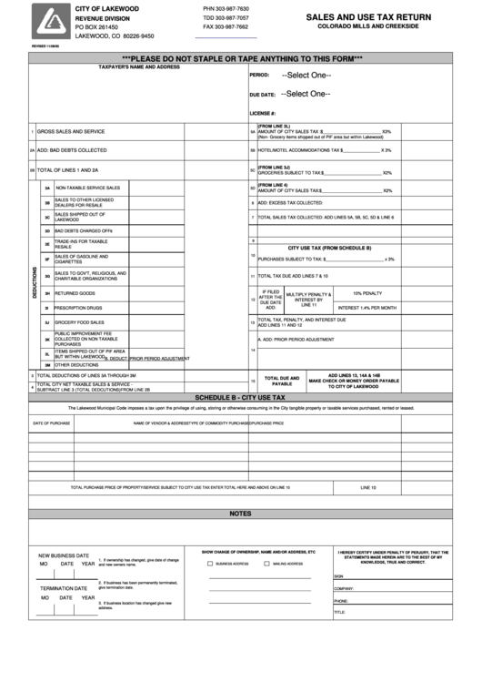 Fillable Sales And Use Tax Return Form - Revenue Division Of City Of Lakewood Printable pdf