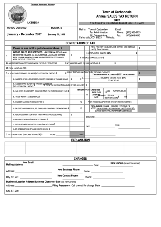 Annual Sales Tax Return Form - Town Of Carbondale - 2007 Printable pdf