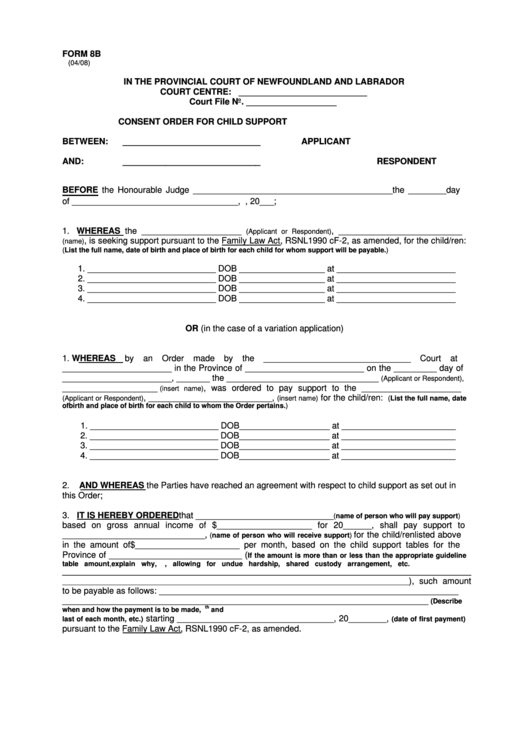 Fillable Form 8b - Consent Order For Child Support Printable pdf