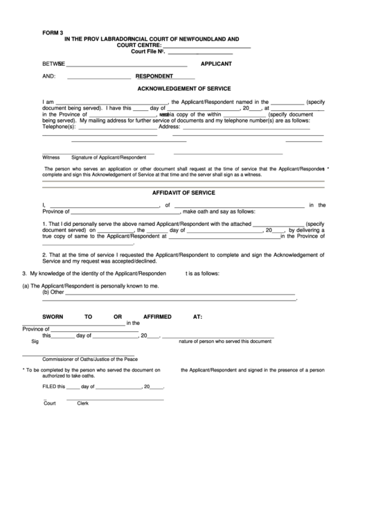 Fillable Form 3 - Acknowledgement Of Service Printable pdf