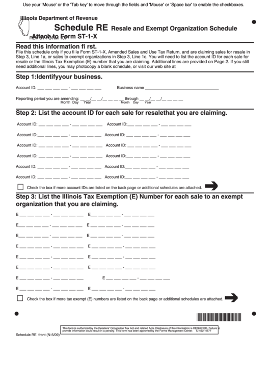 Fillable Form 107 - Schedule Re Resale And Exempt Organization Schedule Printable pdf