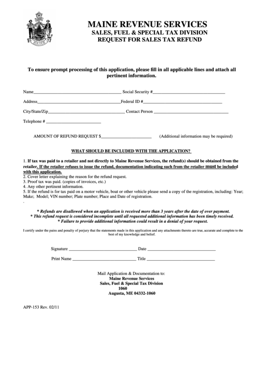 Form App-153 - Request For Sales Tax Refund Printable pdf