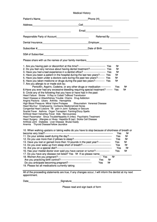 Medical History Form Printable pdf