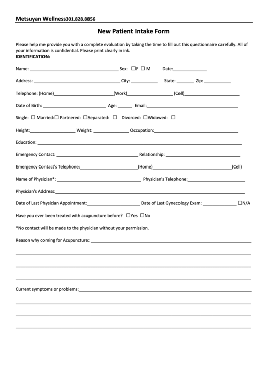 New Patient Intake Form Printable pdf