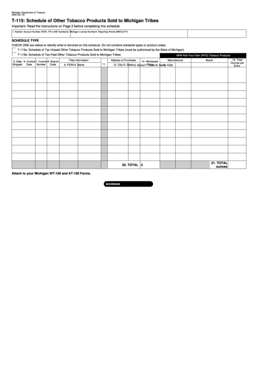 Form 4255 - T-115 - Schedule Of Other Tobacco Products Sold To Michigan Tribes - 2010 Printable pdf