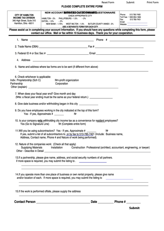 Fillable New Account Application/business Questionnaire Form Printable pdf