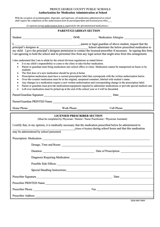 Authorization For Medication Administration At School Form Printable pdf