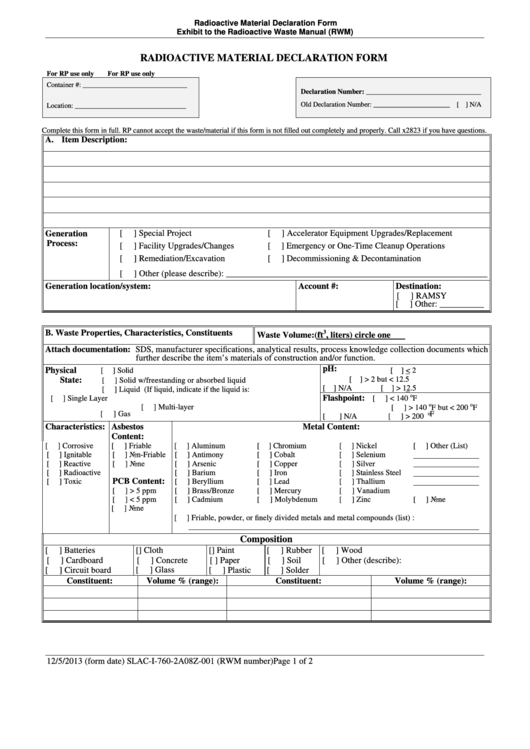 Radioactive Material Declaration Form - Radioactive Waste Manual Printable pdf
