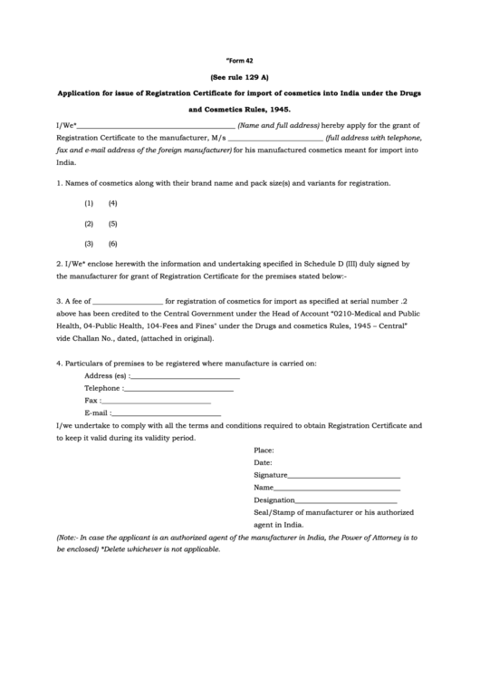 Form 42 - Application Form For Issue Of Registration Certificate For Import Of Cosmetics Into India Printable pdf
