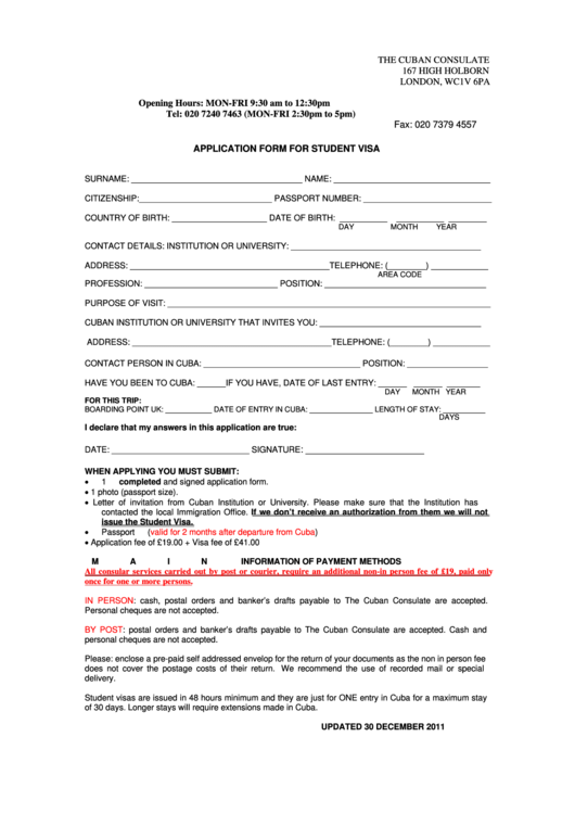 Application Form For Student Visa Printable pdf
