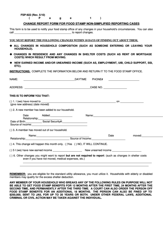 Form Fsp-922 - Change Report Form For Food Stamp Printable pdf