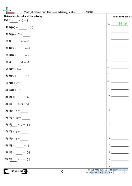 Multiplication And Division Missing Value Worksheet Printable pdf