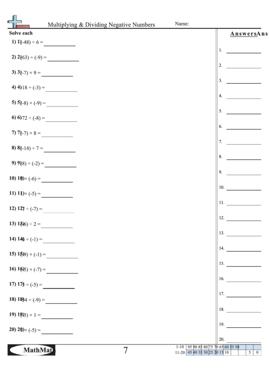 Multiplying & Dividing Negative Numbers Worksheet Printable pdf