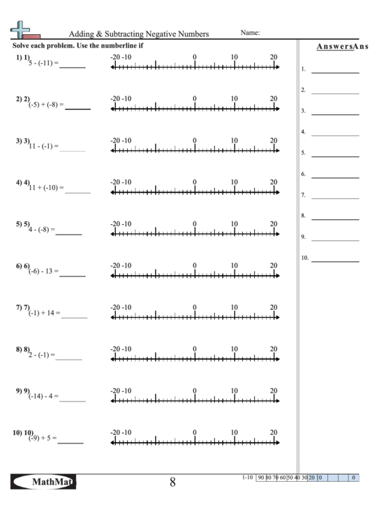 Adding & Subtracting Negative Numbers Worksheet printable pdf download