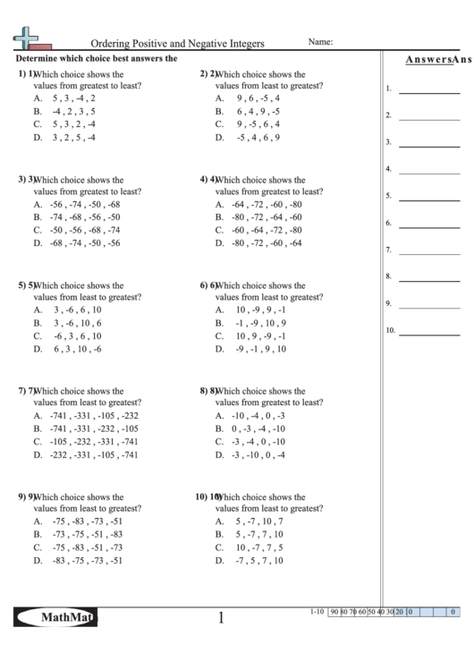 Ordering Positive And Negative Integers Worksheet Printable pdf