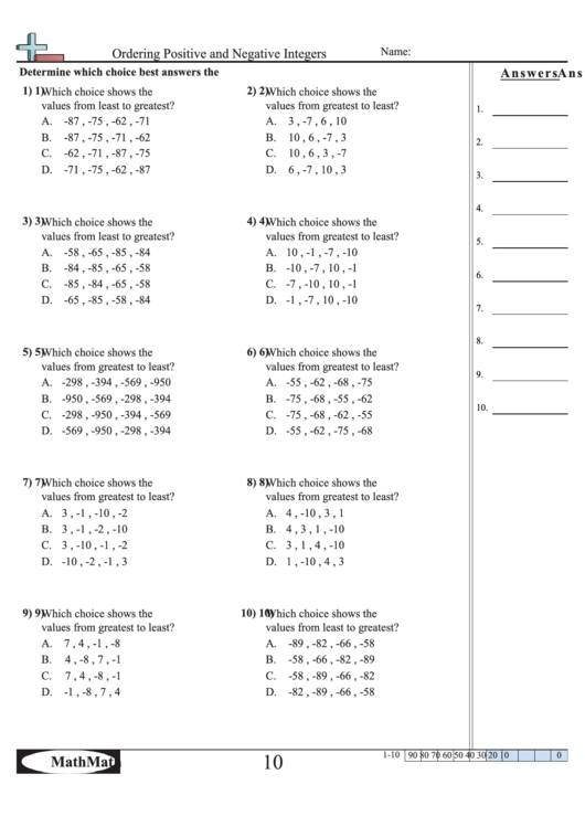 Ordering Positive And Negative Integers Worksheet Printable pdf