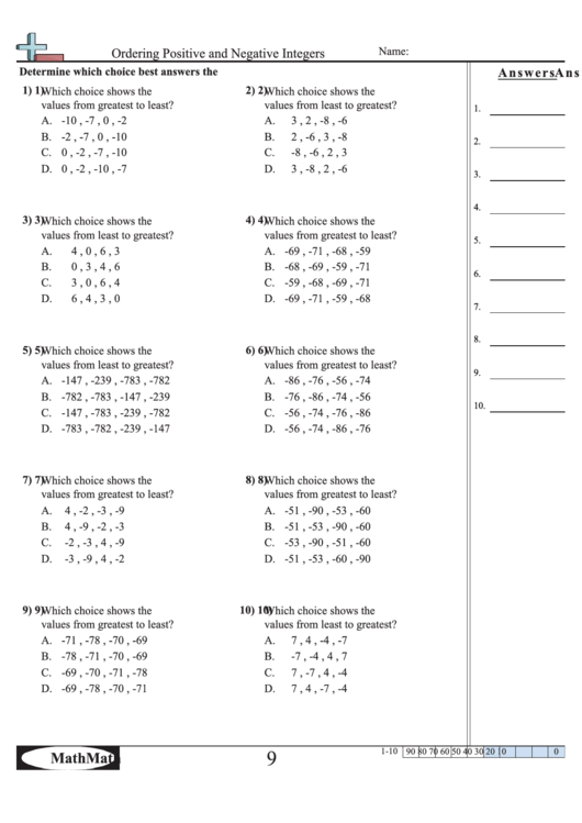 Ordering Positive And Negative Integers Worksheet printable pdf download