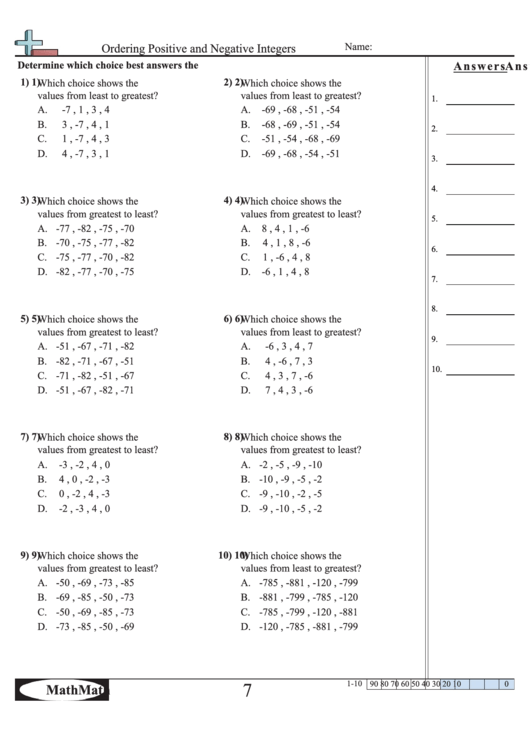 Ordering Positive And Negative Integers Worksheet Printable pdf