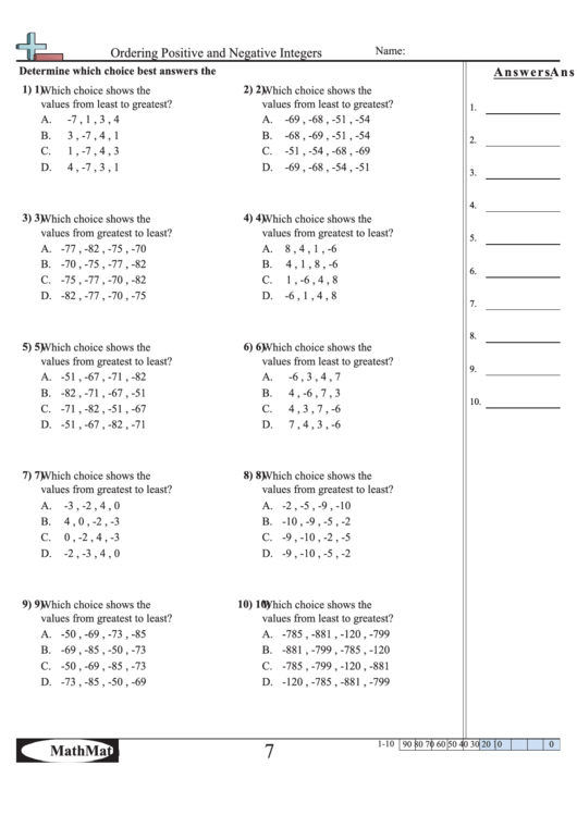 Ordering Positive And Negative Integers Worksheet printable pdf download