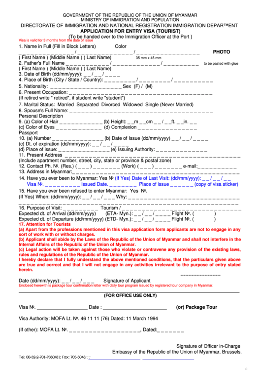 Fillable Form Application For Entry Visa (Tourist) printable pdf download