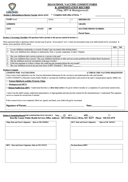 School Vaccine Consent Form - Renville County Printable pdf